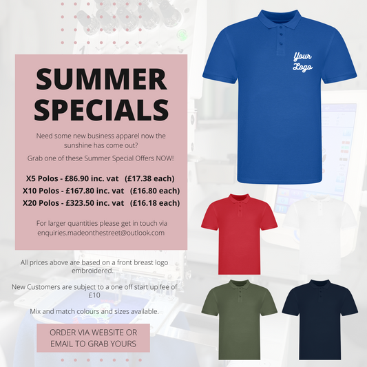 Summer bundle offer of embroidered polo shirts with your business logo