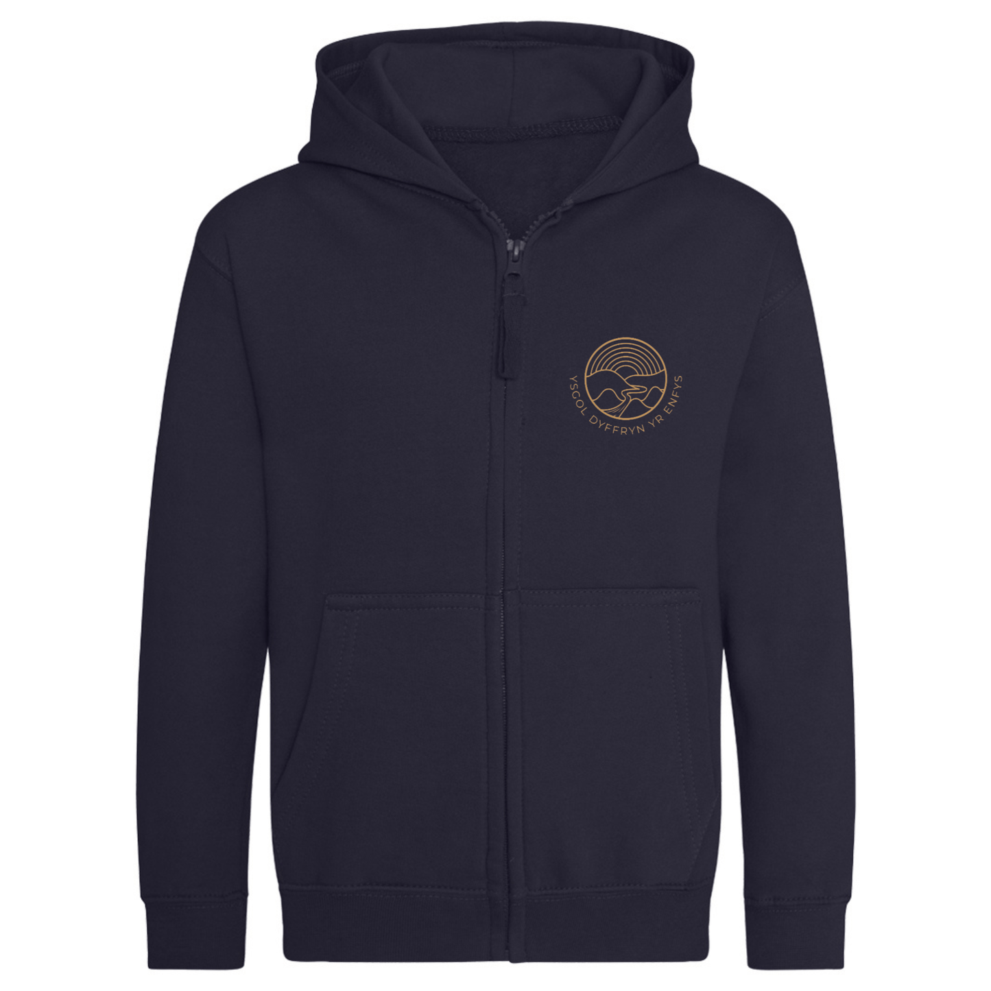 Embroidered school zip up hoodie featuring Ysgol Dyffryn Yr Enfys school logo