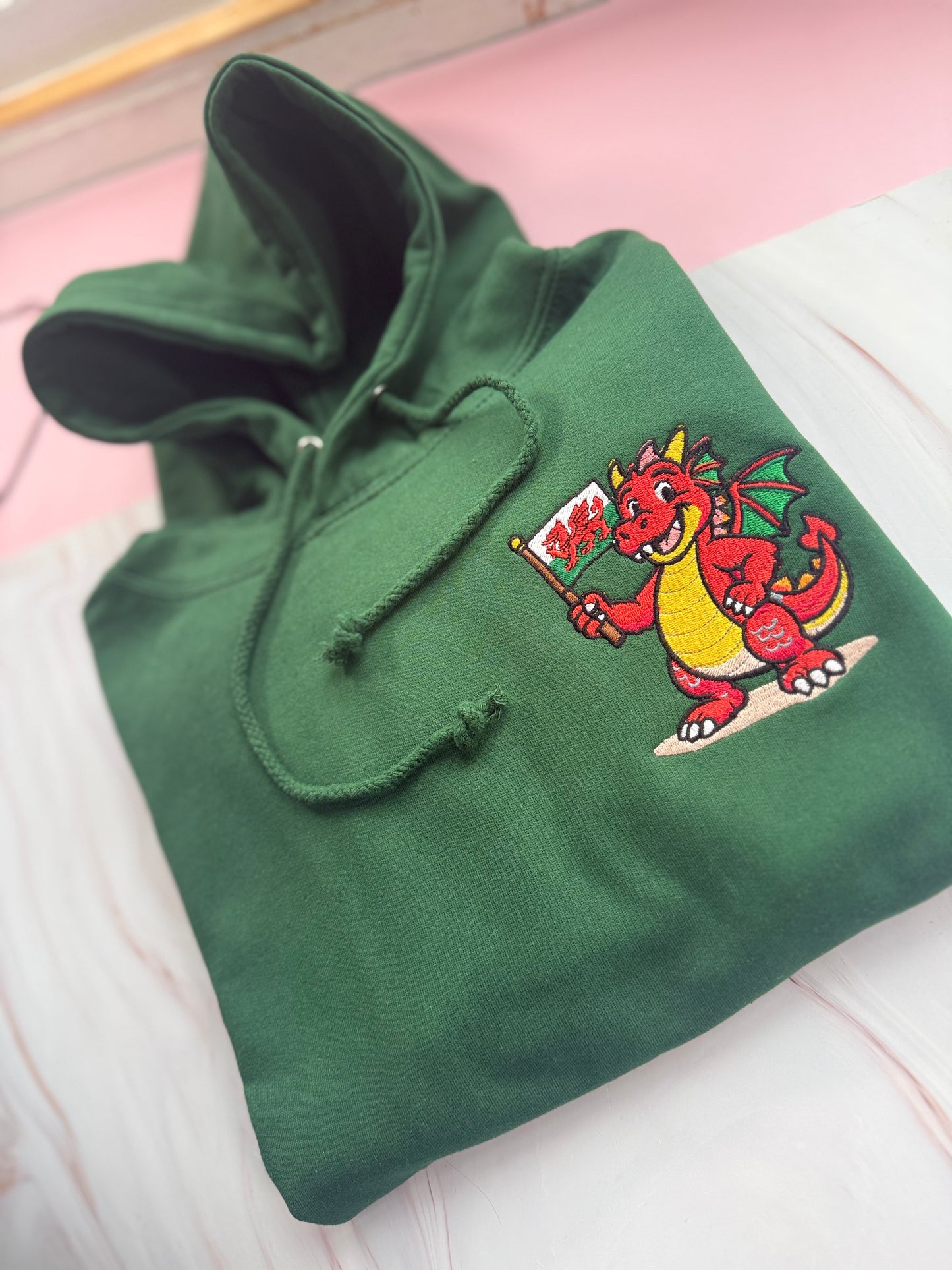Bottle green hoodie embroidered Macs Machno Welsh Dragon