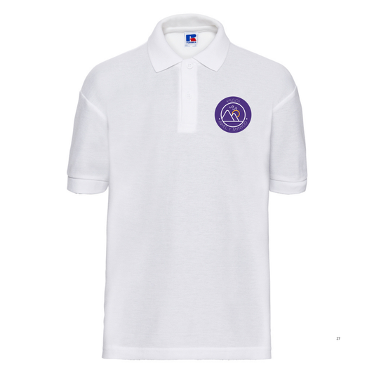 Embroidered school polo shirt featuring Ysgol Awel Y Mynydd school logo