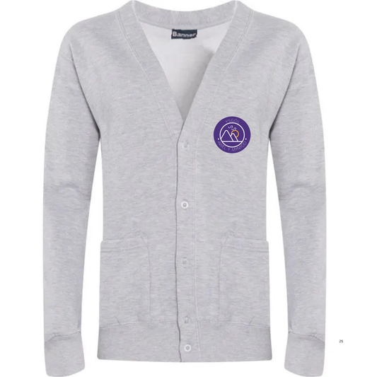 Embroidered school cardigan featuring Ysgol Awel Y Mynydd school logo