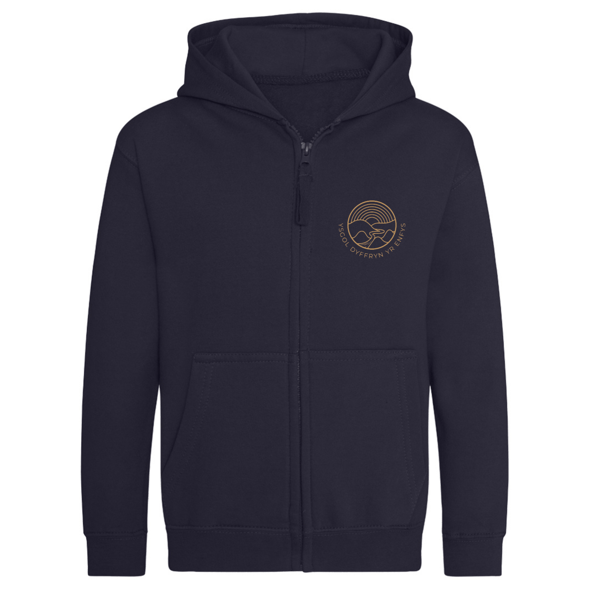 Embroidered school zip up hoodie featuring Ysgol Dyffryn Yr Enfys school logo