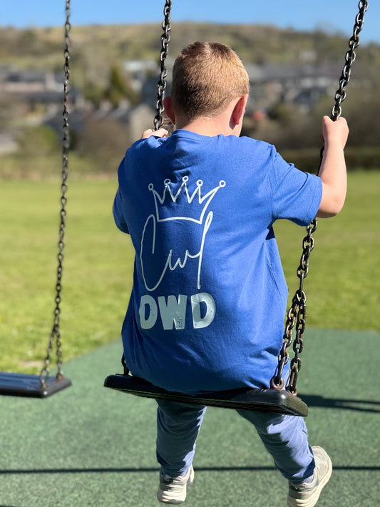 printed cwl dwd design with a handdrawn crown on the back of a tshirt